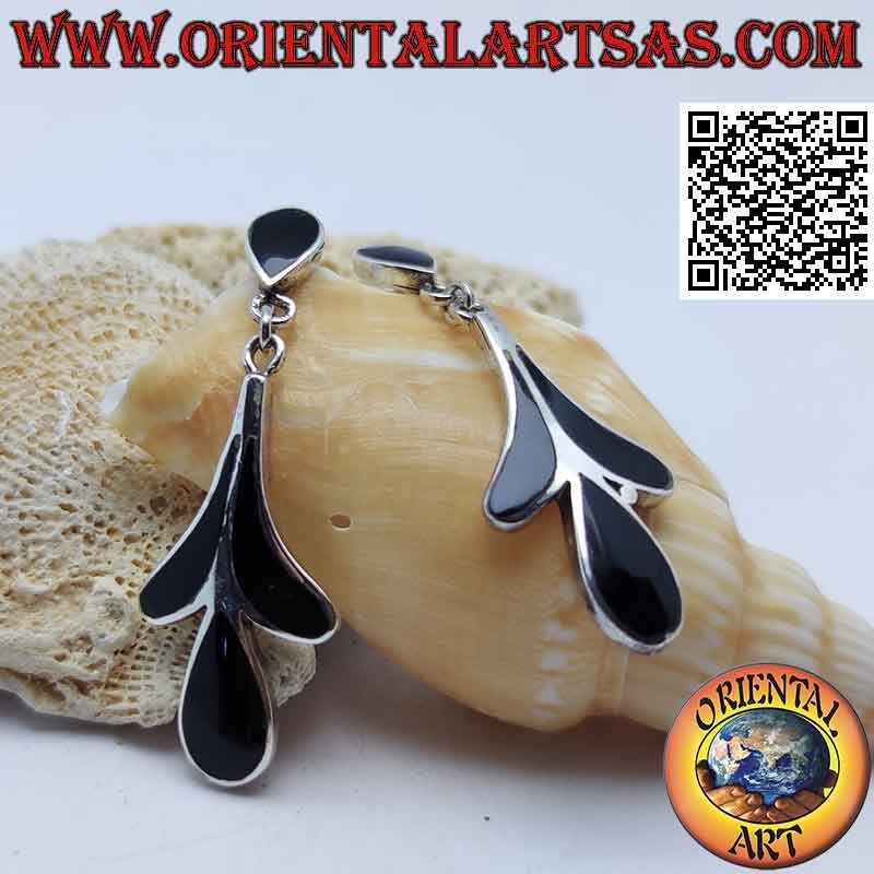Boucles d'oreilles en argent en forme d'hibiscus à bord lisse onyx