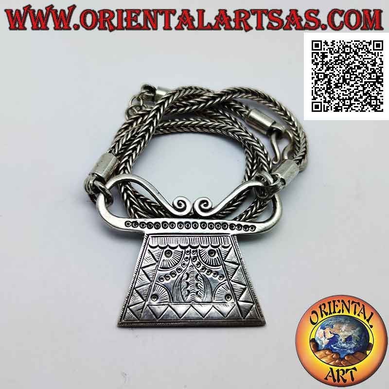925 ‰ silver necklace of square Indonesian snake link bracelets joined by a 47 cm central engraved casket
