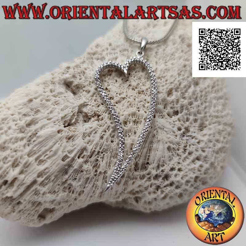 Silver pendant, heart outline with elongated tip studded with white micro-rhinestones