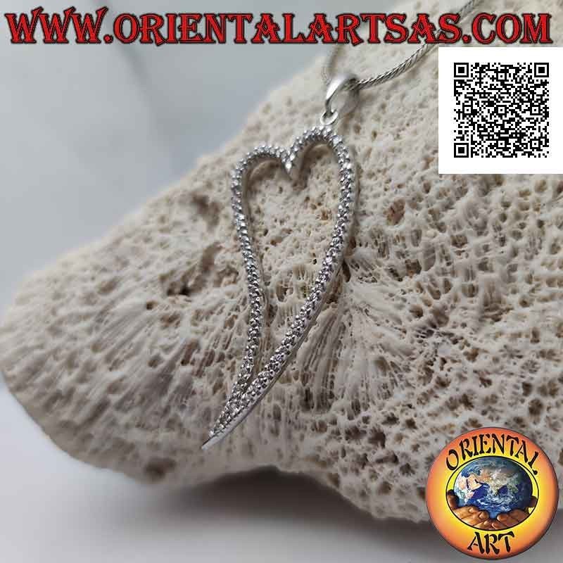 Pendentif en argent, contour cœur à pointe allongée parsemée de micro-strass blancs