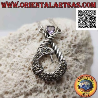 Collar de plata 925 ‰, par de cadenas con colgante central tachonado de marcasita y corazón de amatista