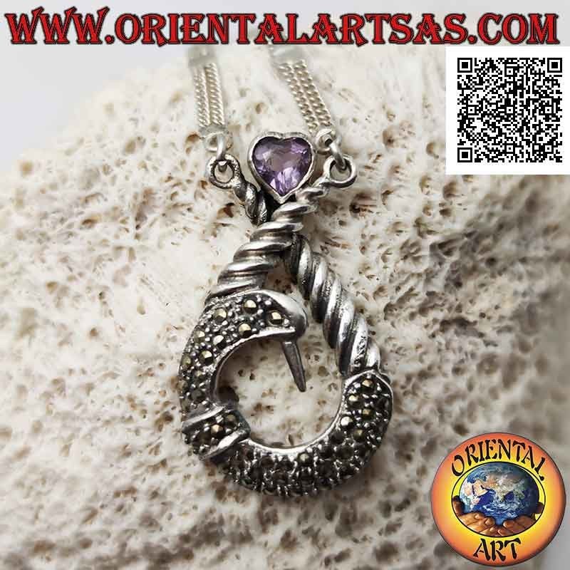 Collana in argento 925 ‰ coppia di catenine con ciondolo centrale tempestato di marcassite e cuore di ametista