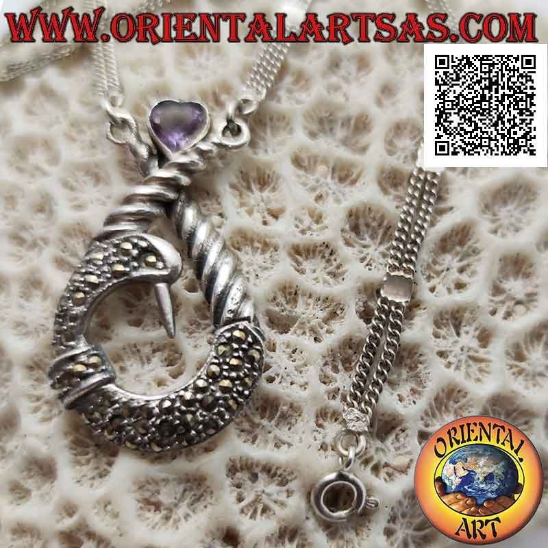 Collana in argento 925 ‰ coppia di catenine con ciondolo centrale tempestato di marcassite e cuore di ametista