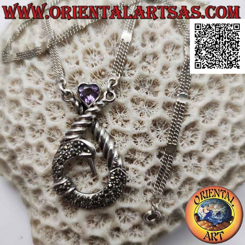 Collier en argent 925 ‰, paire de chaînes avec pendentif central serti de marcassite et cœur d'améthyste