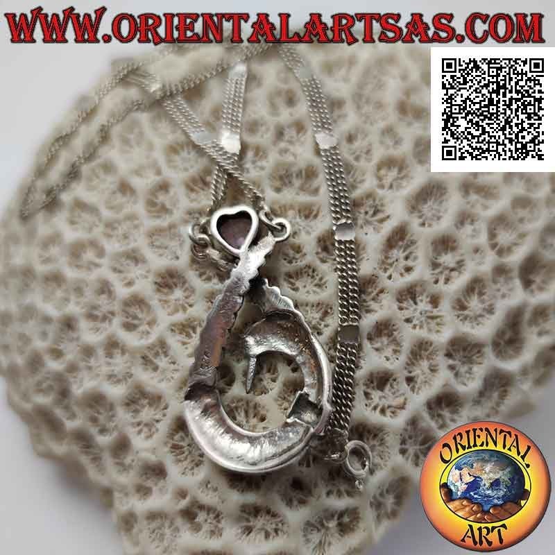 Collana in argento 925 ‰ coppia di catenine con ciondolo centrale tempestato di marcassite e cuore di ametista