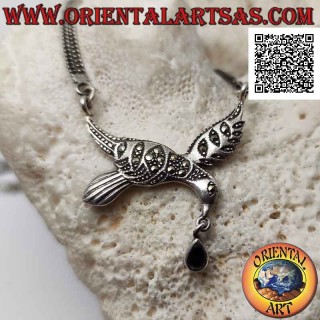 Collier en argent 925 ‰, paire de chaînes à hirondelle centrale sertie de marcassite et goutte d'onyx