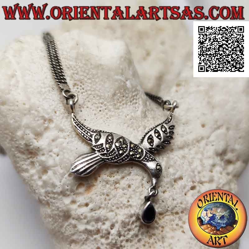 Collier en argent 925 ‰, paire de chaînes à hirondelle centrale sertie de marcassite et goutte d'onyx