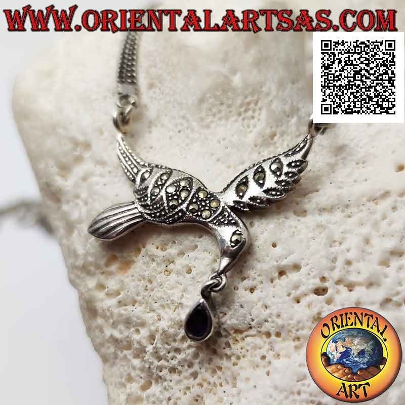 Collier en argent 925 ‰, paire de chaînes à hirondelle centrale sertie de marcassite et goutte d'onyx