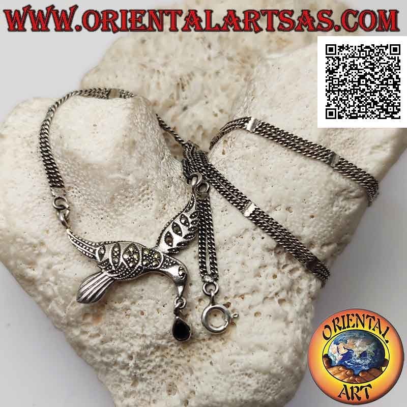 Collar de plata 925 ‰, par de cadenas con golondrina central tachonada de marcasita y gota de ónix