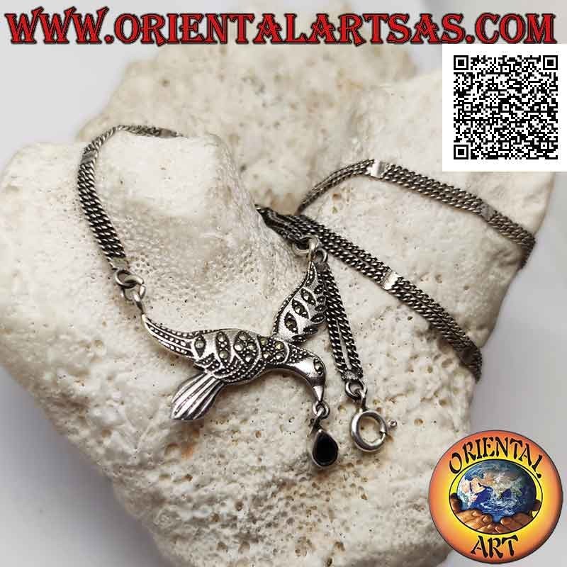 925 ‰ silver necklace, pair of chains with central swallow studded with marcasite and onyx drop
