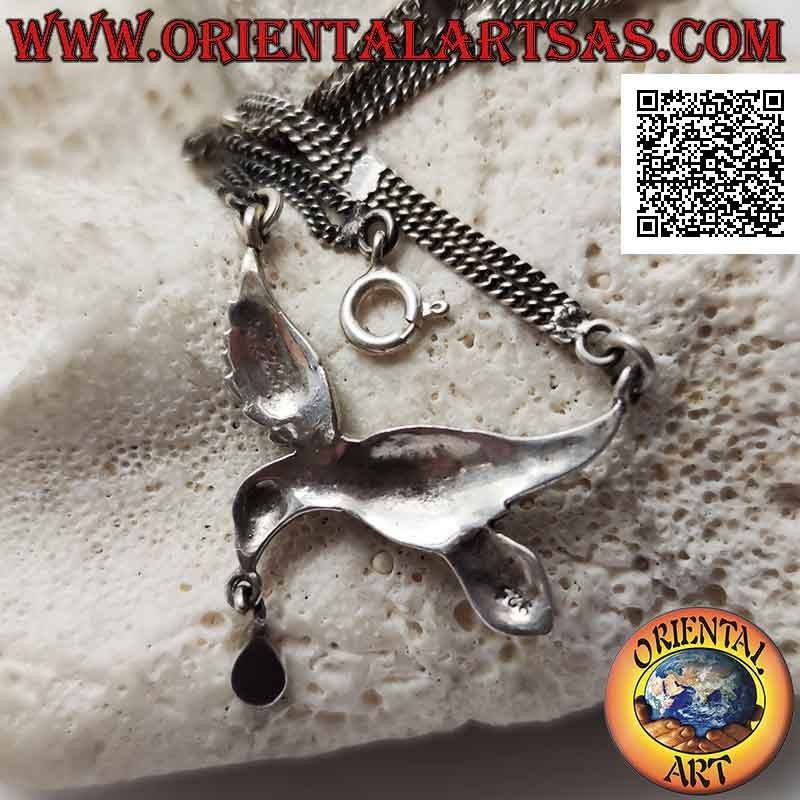 Collier en argent 925 ‰, paire de chaînes à hirondelle centrale sertie de marcassite et goutte d'onyx