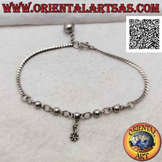 Pulsera de plata 925 ‰, mezcla de serpiente plana y bolas encadenadas con flor colgante y campana