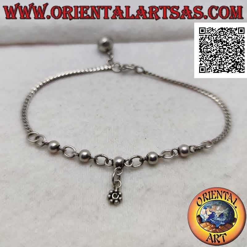 925 ‰ silver bracelet, mix of flat snake and chained balls with hanging flower and bell