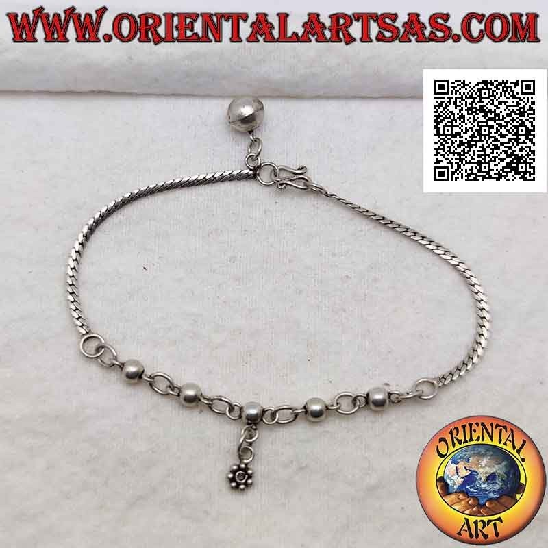 Pulsera de plata 925 ‰, mezcla de serpiente plana y bolas encadenadas con flor colgante y campana