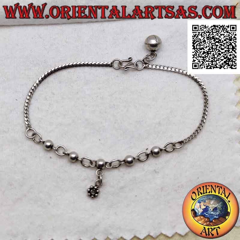 925 ‰ silver bracelet, mix of flat snake and chained balls with hanging flower and bell