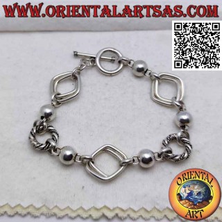 Bracelet chaîne en argent 925 ‰ avec anneaux de formes variées et boules de 19 cm