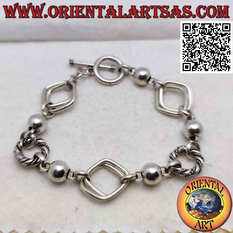 925 ‰ Silberkettenarmband mit Ringen verschiedener Formen und 19 cm Kugeln