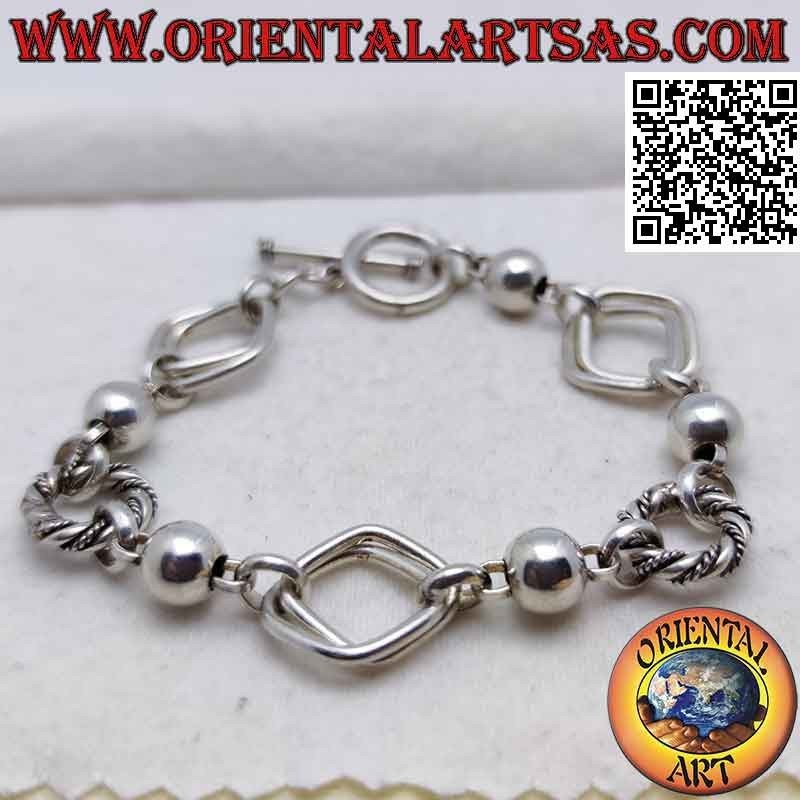 925 ‰ Silberkettenarmband mit Ringen verschiedener Formen und 19 cm Kugeln