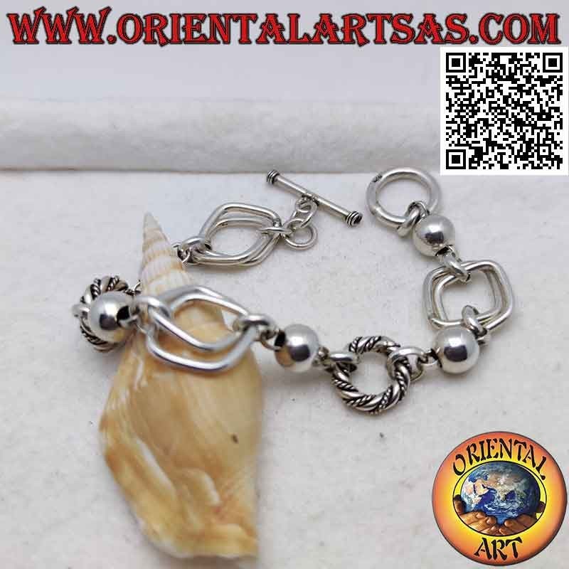 Pulsera de cadena de plata 925 ‰ con anillos de varias formas y bolas de 19 cm