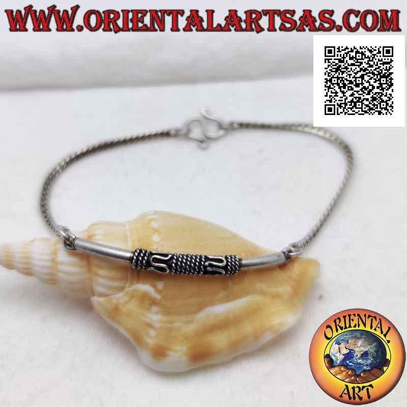 925 ‰ silbernes flaches Schlangenarmband mit glattem Mittelrohr (abwechselnd Serpentin und Verflechtung)