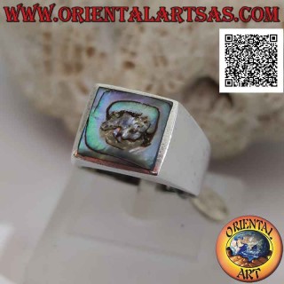 Anillo de plata con concha cuadrada de paua (abulón) al ras con el borde en un engaste suave