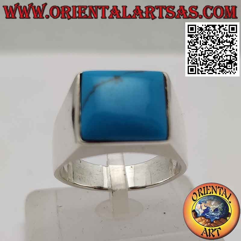 Bague en argent avec cabochon carré turquoise sur monture lisse