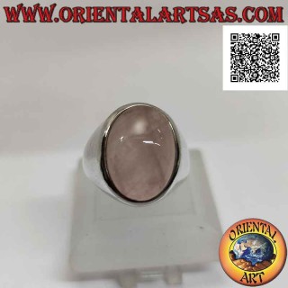 Silver ring with cabochon oval rose quartz on smooth setting