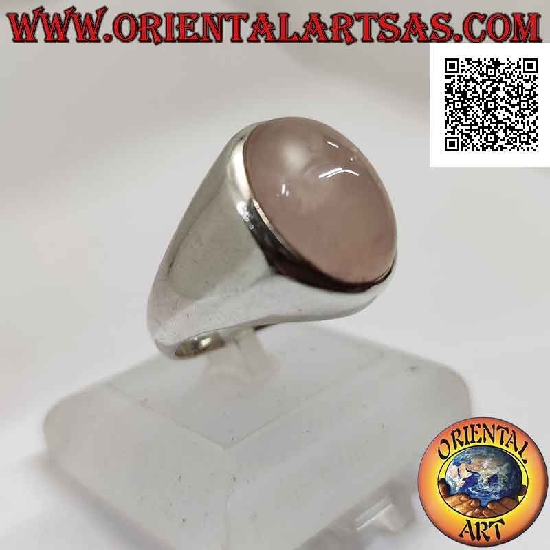 Bague en argent avec quartz rose ovale cabochon sur monture lisse