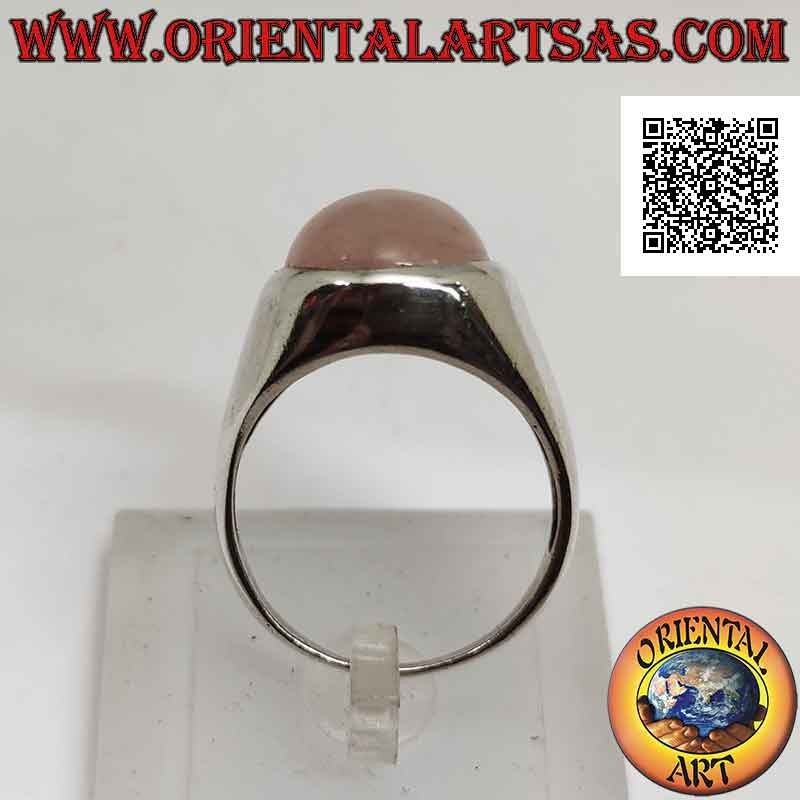 Silver ring with cabochon oval rose quartz on smooth setting