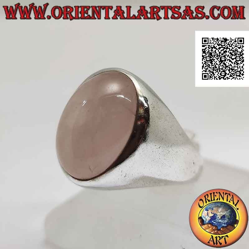 Silberring mit ovalem Cabochon-Rosenquarz auf glatter Fassung