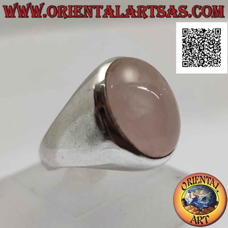 Bague en argent avec quartz rose ovale cabochon sur monture lisse