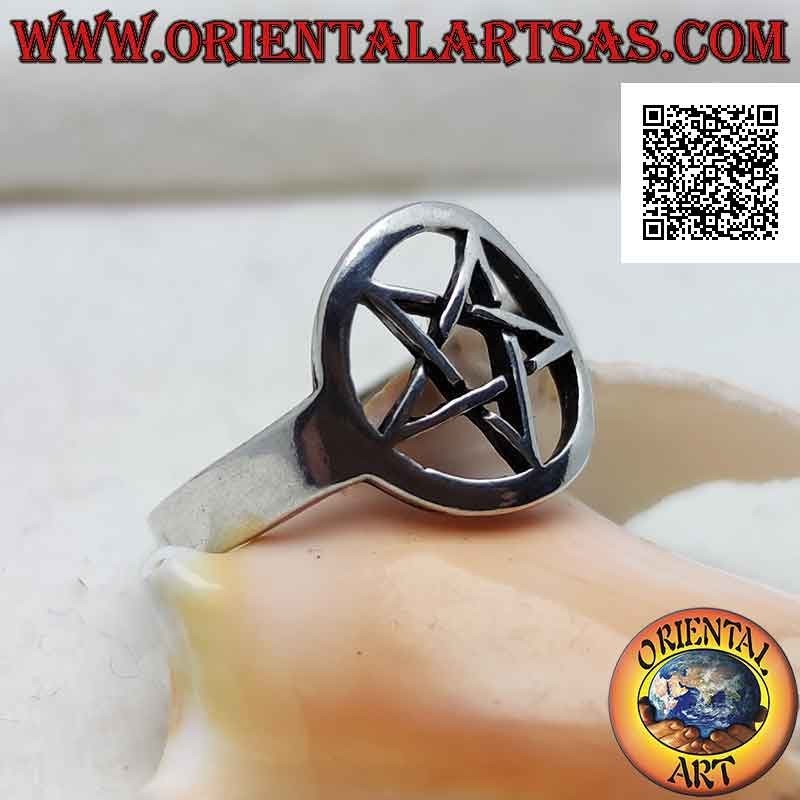 Silver ring with smooth pentacle in the perforated circle on a thin smooth setting