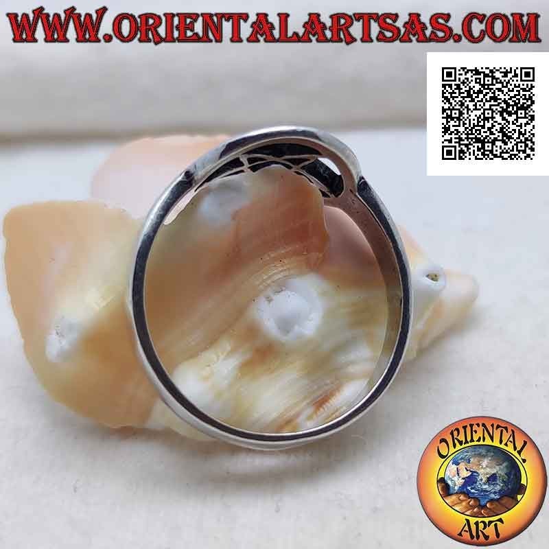 Silver ring with smooth pentacle in the perforated circle on a thin smooth setting