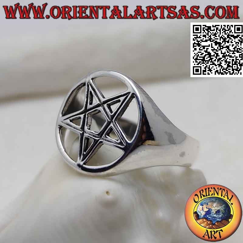 Silver ring with pentacle striped in the perforated circle on a smooth setting