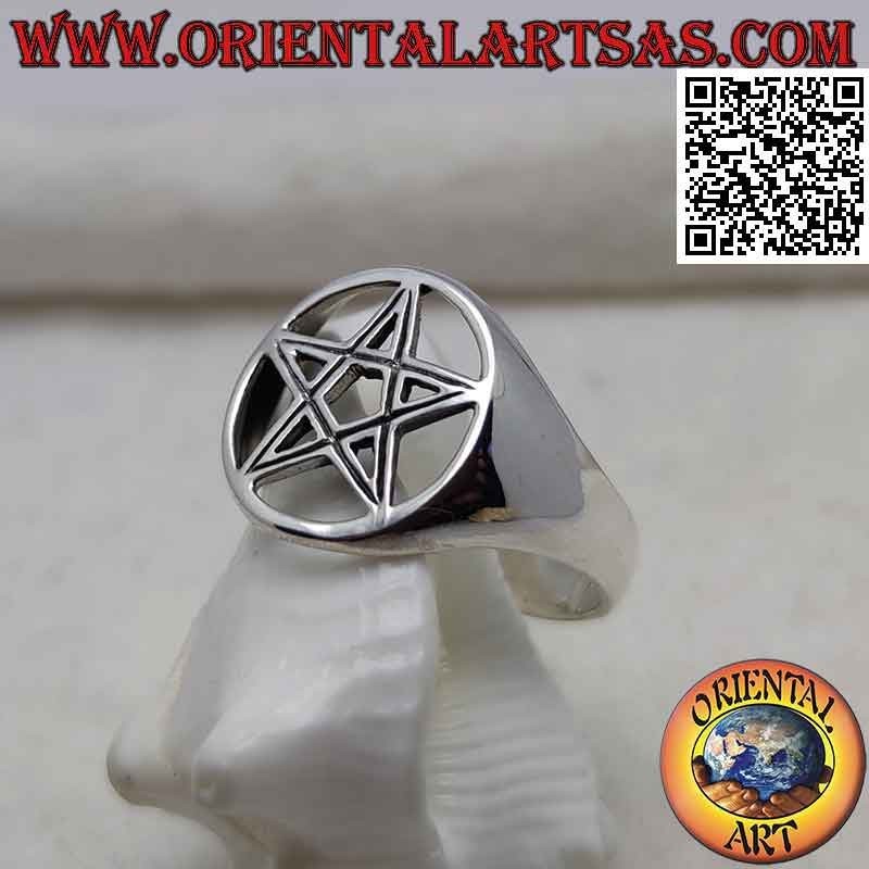 Silver ring with pentacle striped in the perforated circle on a smooth setting