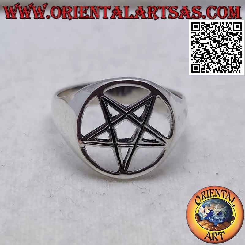 Silver ring with pentacle striped in the perforated circle on a smooth setting
