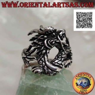 Anillo de plata en forma de dragón oriental con bigote en movimiento y cola envolvente