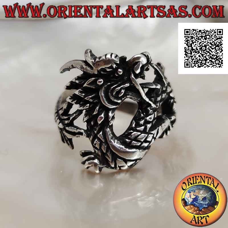 Anillo de plata en forma de dragón oriental con bigote en movimiento y cola envolvente