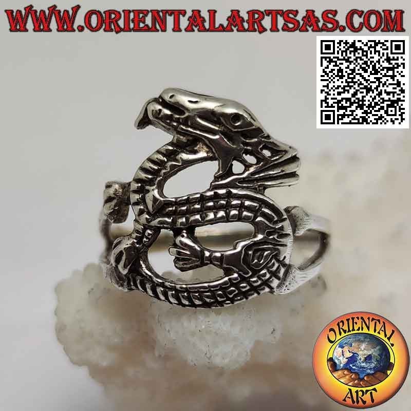 Bague en argent en forme de dragon ailé stylisé en mouvement sinueux