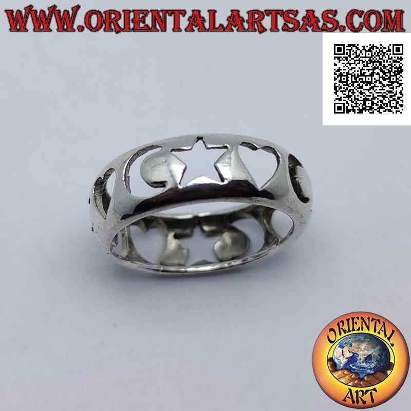 Silver ring with a smooth rounded band with hearts, stars and pierced moons
