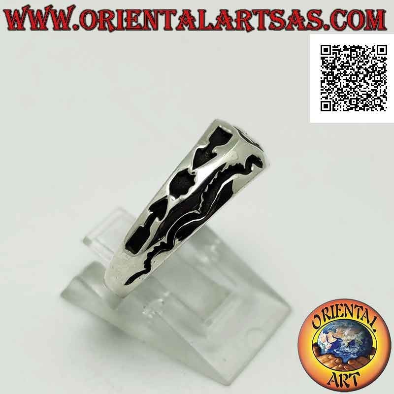 Bague en argent avec anneau croissant avec chevauchement avec gravures mixtes