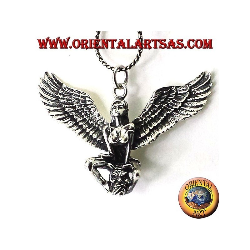 pendentif en argent, femme ailée avec le crâne