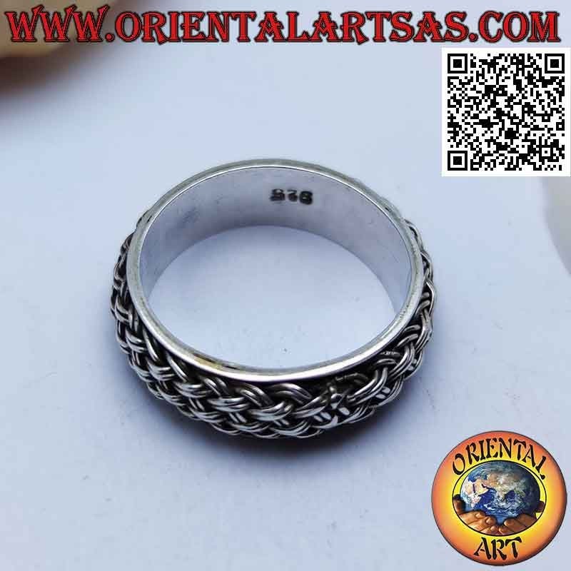 Anello in argento a fascia bombata, intreccio di coppia di linee