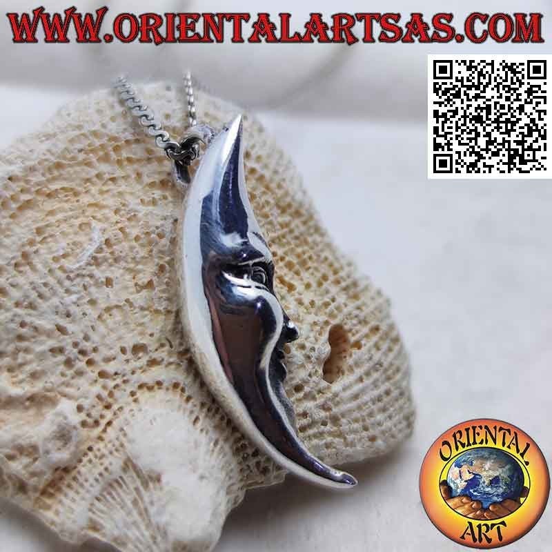 Silver pendant, smooth crescent with shaped face (narrow and long)