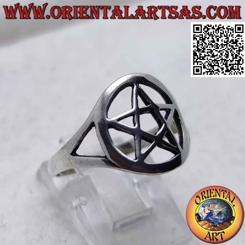 Silver ring with smooth pentacle in the pierced circle hooked to two