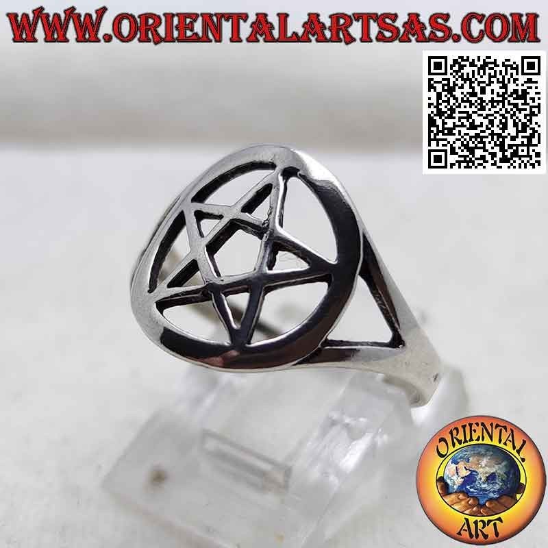 Silver ring with smooth pentacle in the pierced circle hooked to two