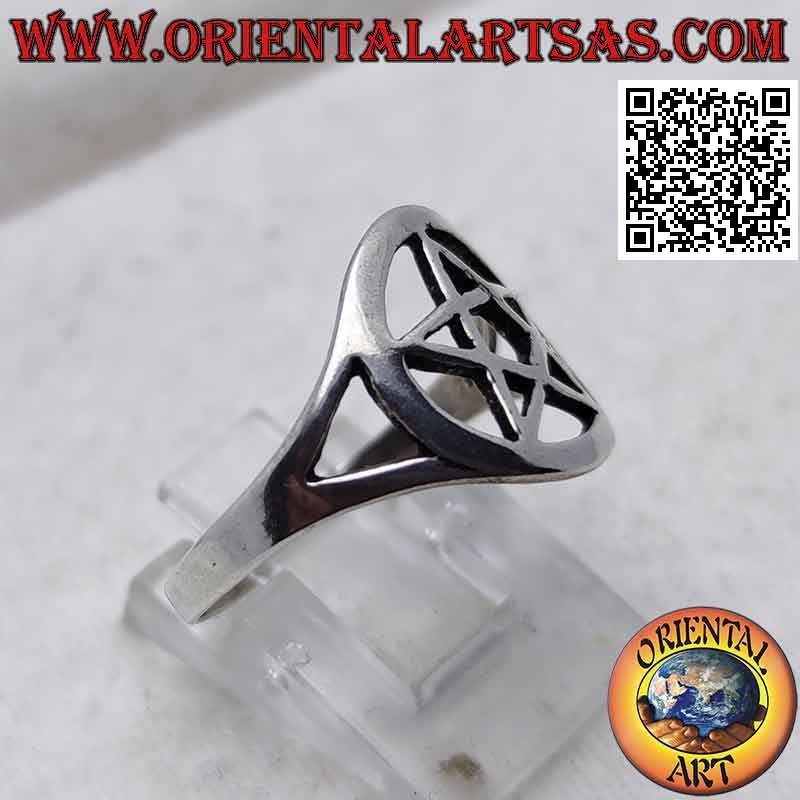Silver ring with smooth pentacle in the pierced circle hooked to two