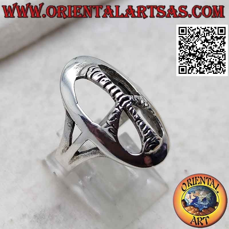 Silver ring with rounded oval peace symbol