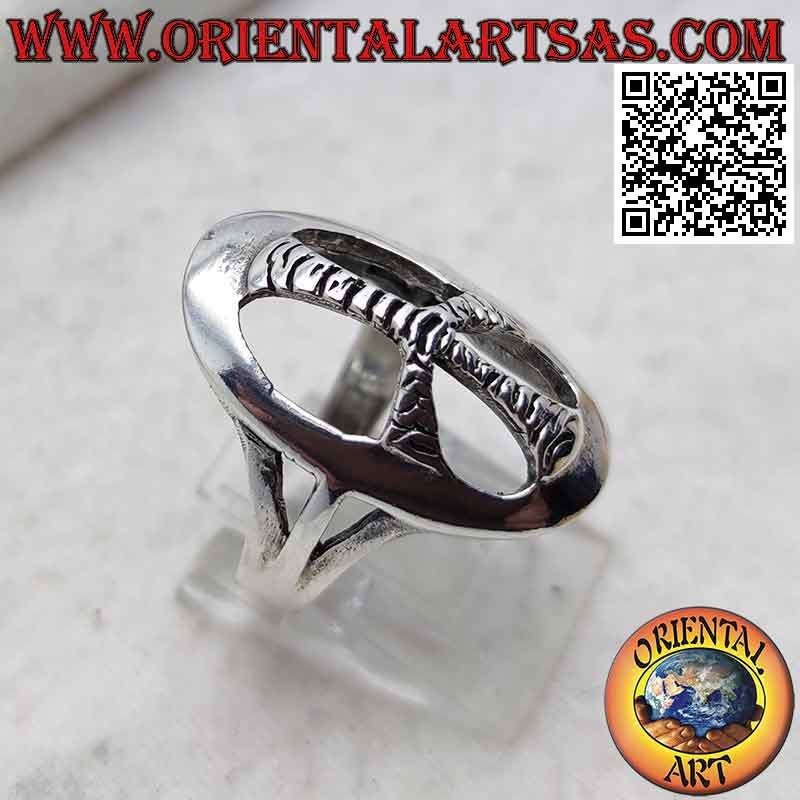 Anello in argento con simbolo della pace ovale bombato