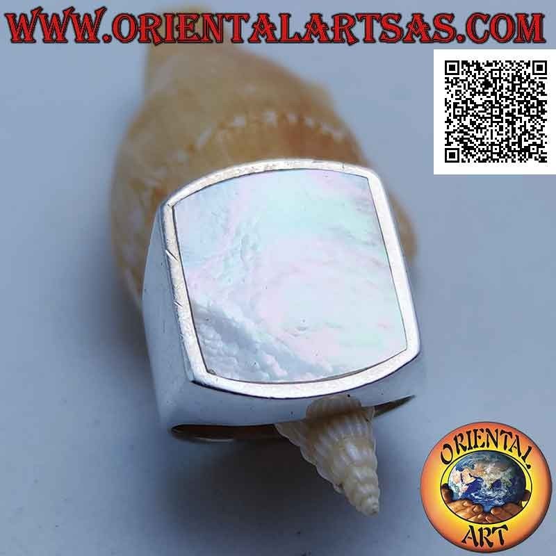 Silver ring with rectangular mother-of-pearl curved on two sides flush with the edge on a smooth setting